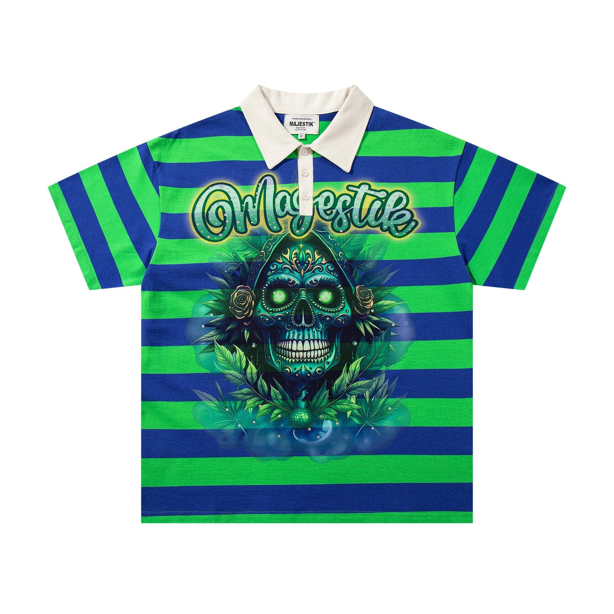 MAJESTIK Green/Blue Striped Skull Graphic Polo Shirt — hero